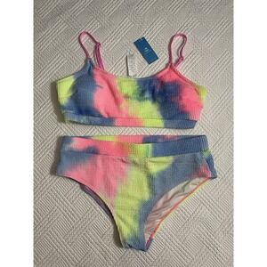 NWT Cupshe Womens Two Piece Swimsuit Size XL- Multicolor Tie Dye Bikini Bright